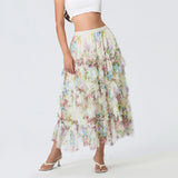 Daiiibabyyy  Early Fall Floral Print Ruffle Mesh Skirt Women Irregular Flowy A-line Midi Skirt for Travel, Beach, Shopping