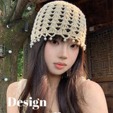 Daiiibabyyy  Casual Sweet Crochet Hollow Knitted Hat Beads Tassels Bohemian Style Knit Beanies Korean Handmade Weave Cap Outdoor