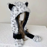 Daiiibabyyy  Fashion Animal Shape Scarf Hat Leopard Print Faux Fur Winter Warm Shawls Hooded Caps Fluffy Plush outdoor warm Ski Hat Gorras