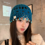 Daiiibabyyy  Bohemian Color Beaded Fringed Knitted Beanies Y2K Summer and Autumn Travel Fashion Versatile Breathable Pullover Hats Women