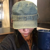 DAIIIBABYYY  -  Korean Retro Rivet Denim Flat Top Newsboy Cap Spring and Autumn Niche Fashion Washed and Made Old Y2k Trend Beret Hat for Women