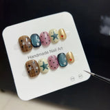 Daiiibabyyy  10PCS Retro Color Short Square Round Handmade Press on Nails with Y2k Star Polka Dots Designs Fake Nails Sweet Cool Cat Eye Nail