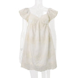 Daiiibabyyy  Summer French Vintage Flower Embroidery Solid V Neck Puff Sleeve Temperament Dresses