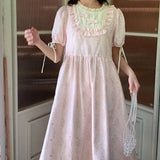 DAIIIBABYYY  -  Korean Commute Summer New Women's Patchwork Folds Ruffles Printed Crew Neck Bow Drawstring Short Sleeve Loose Sweet A-line Dress