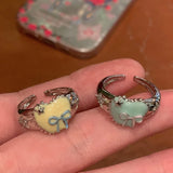 DAIIIBABYYY  -  Korean Fashion Zircon Oil Drop Heart Love Bowknot Open Ring Accessories For Women Charm Aesthetic Jewelry