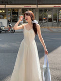 Daiiibabyyy  Summer A-Line Pleated Dresses for Women Sweet Bow Sling Robe Femme High Waist Backless Tunic Maxi Dress Vestidos De Mujer