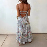 Daiiibabyyy  Sexy Low Cut Halter Floral Printed Dress Elegant Sleeveless Hollow Out Pleat Dress Summer New High Waist Backless Evening Dress