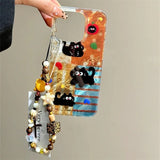 Daiiibabyyy  Apple Little Black Cat Phone Case with Same Phone Chain For iPhone 11 12 13 14 15 16 pro max