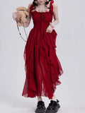 Daiiibabyyy Red Long Dresses Women Summer Spaghetti Strap Dress Female Korean Fashion Pleated Dress Ladies Irregular Ruffle Split Vestidos