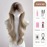 Daiiibabyyy  Asian Beauty Gradient Color Long Curl Wig Women's Middle Part Milk Tea Grey Golden Top Dyeing Atmosphere Full Head Cover