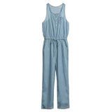 Daiiibabyyy  Casual Women Jumpsuit Sleeveless High Waist Button Front Romper Light Blue Straight Leg Solid Color Denim Jumpsuit Drawstring