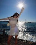 Daiiibabyyy  Pearl Corchet Mini Dress Women Summer Party Long Sleeve Knitting Dresses Cover Up Elegant Slim Vestidos Holiday Beach Robe