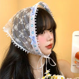 DAIIIBABYYY  -  French Flower Lace Embroidered Bow Decorative Triangle Towel Women's Summer Vacation Breathable Mesh Lace Up Photo Headband