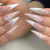 Daiiibabyyy 24Pcs Long Stiletto False Nails Gradient White Design Almond Fake Nails Wearable Droplet Shaped Nail Patch Press on Nails