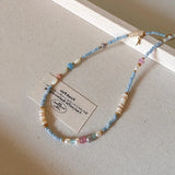 Daiiibabyyy  Fresh Blue Seed Beads Pearl Stone Clavicle Chain Dopamine Beaded Necklace For Women and Girls Holiday Daily Jewelry