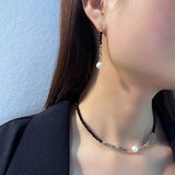 Daiiibabyyy Natural Stone Necklace For Women K-pop Black Spinel Freshwater Ethnic Pearl Choker Crystal Chip Bead Bracelet Earring Jewelry