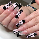 Daiiibabyyy  24pcs Long Square Fake Nails Sets Leopard Print White French False Nails Tips with Flower Cherry Design Press on Nails Manicure