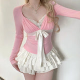 Daiiibabyyy  Fashion Sexy Sweet Bow Tie with Pink Long Sleeved T-shirt Slim Fit Slimming Spicy Girl Base Top