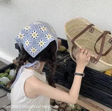 Daiiibabyyy  Women's Headscarf Dopamine French Mint Mambo Style Knitted Flower Triangular Headscarf Country Style Seaside Photo Girl Headband