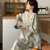 Daiiibabyyy  New Korean Sweet Style Lace Pajamas for Women Autumn Floral Bow Loose High-end Comfortable Temperature Home Wear Set
