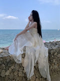 DAIIIBABYYY  -  French First Love Strap Heavy Duty Lotus Leaf Edge Dress Summer Vacation White Embroidered Super Fairy Long