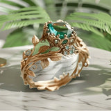 Daiiibabyyy  Inlaid Design Leaf Flower Ring Fade-Resistant with Green Stone Finger Decoration Daily Wear Individual Ins Style