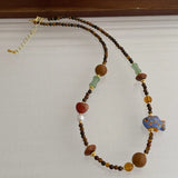 Daiiibabyyy  Ethnic Multicolor Natural Stone Tiger Eyes Irregular Beads Fish Beaded Necklace for Women Gold Plated Chain Strand Chokers