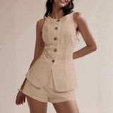 Daiiibabyyy  2 Pieces Set For Woman Shorts Sleeveless Vest Summer Short Pants High Waist Linen Look Capris Two Piece Set Cropped Pants
