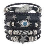 Daiiibabyyy  Ethnic Retro Multi-layer Devil's Eye Angel's Wings Star Black Wax Rope Leather Bracelets for Women Men Trendy Punk Jewelry Gifts