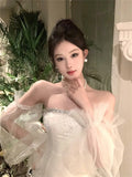 DAIIIBABYYY  -  Strapless Sexy Slim Mesh Lantern Sleeve Pencil Dress Beads Slash Neck Apricot Evening Party Dress Off Shoulder Bodycon Hot Dress