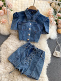 Daiiibabyyy  American Retro Denim Sets for Women Polo Collar Hollow Out Tops+High Waist Bandage Hot Shorts Girls Two-piece Set