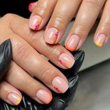 Daiiibabyyy  24Pcs Yellow French Shiny Powder Line False Nails Press on Short Square Head Fake Nails for Woman Wearable Full Cover Nails Tips