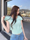 DAIIIBABYYY  -  Embroidered Heart-shaped Bubble Short Sleeve Knitted Sweater Women Summer New Sweet U-neck Elastic Slim Fit Top