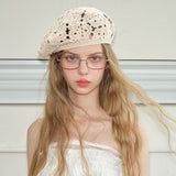 Daiiibabyyy  Hand-knitted Beret Female Japanese Hollow Out Hat Street Women Trendy Hat Literary Retro Fashionable Painter Hat