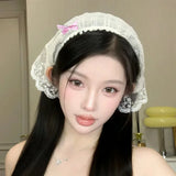 Daiiibabyyy Korean Lace Bow Retro Triangular Scarf Solid Color Headscarf Trend Elegant Headwear for Women Girl Y2K Jewelry 2024 INS Bandana