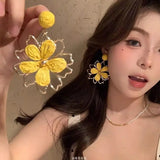 Daiiibabyyy  Women's Cute Earrings Vacation Style Woven Sun Flower Earrings High End Exaggerated Seaside Beauty Stud Earrings Funny Earrings