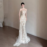 Daiiibabyyy  Elegant Strapless Mermaid Wedding Party Dresses Shiny Sequins Court Training Lace Decal Prom Gown Customized Vestido De Novia