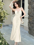 DAIIIBABYYY  -  Pink V-Neck Sexy Sling Long Dress Summer Elegant Luxury Chic Ruffled Long Dress Women Korean Fashion Bodycon Prom Dress