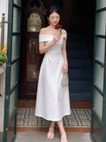 DAIIIBABYYY  -  Women Elegent White Party Prom Midi Dress Summer New French Female Sexy Fashion Slim Off Shoulder Pleated Clothes Vestidos