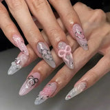 Daiiibabyyy  White Glitter Powder Bowknot Long Pointed Fake Nails Art Ballet False Nail Cow Print Pearl Rhinestone Pink Almond Press on Nails
