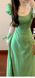 DAIIIBABYYY  -  French Bubble Sleeve Wave Point Green Dress For Women Summer New Seaside Vacation High Waist Temperament Long Style Dresses
