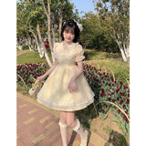 Daiiibabyyy  Spring and Summer French Sweet Bow Lace Embroidered Short Slimming High-Waist Princess Dress for Women