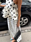 Daiiibabyyy  Women White Polka Dot Blouse Cute Sleeveless Ruffle Hem Spaghetti Strap Cami V-neck Peplum Tops Lady New Daily Casual Top