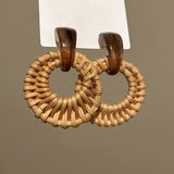 Daiiibabyyy  Vintage Brown Round Rattan Weave Earrings For Women Exaggerated Large Circle Geometric Earrings Jewelry Accessories