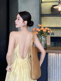 Daiiibabyyy  Korean Maxi Slip Dresses for Women Backless Temperamant Bandage Robe Femme Vestidos De Mujer Vintage Summer Pleated Dress