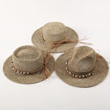 Daiiibabyyy  Sea Grass Summer Panama Hats for Women Sun Hat with Leather Shell Band Designer Flat Top Straw Fedora Hat Party Travel Beach Hat
