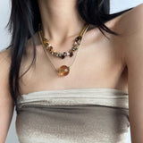 Daiiibabyyy  Vintage Bohemian Handwoven Double Layer Natural Stone Crystal Adjustable Design Necklace For Women Girls Fashion Jewelry
