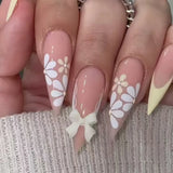 Daiiibabyyy  24pcs French Stiletto Press on Fake Nails Spring Flower Bow Design Wearable False Nail Tip Simple Pink Long Almond Manicure Sets