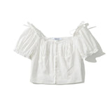 Daiiibabyyy  Sexy White U Collar Metal Hook Buttons Short Puff Sleeve Shirt Women Tie Bow Shoulder Center Slim Crop Tops Black