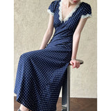 DAIIIBABYYY  -  French Lace Polyester Fiber Patchwork Dress, Summer V-neck, Elegant Polka Dot, Waistband, Slimming Long Skirt